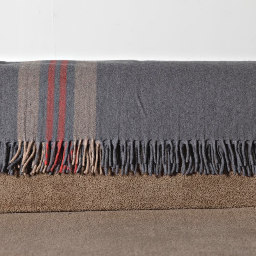 Wool Tartan Knee Rug - Grey with Red Stripe